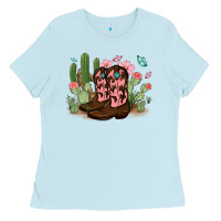 Baby Blue cowboy boots with cactus Ladies Tee - MaliasSmallBusiness