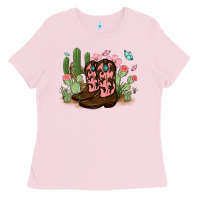 Bubblegum Pink cowboy boots with cactus Ladies Tee - MaliasSmallBusiness