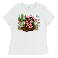 White cowboy boots with cactus Ladies Tee - MaliasSmallBusiness