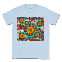 Dusty Blue sunflowers and western old wheel aztec cowhide background Classic Tee - Artiststas