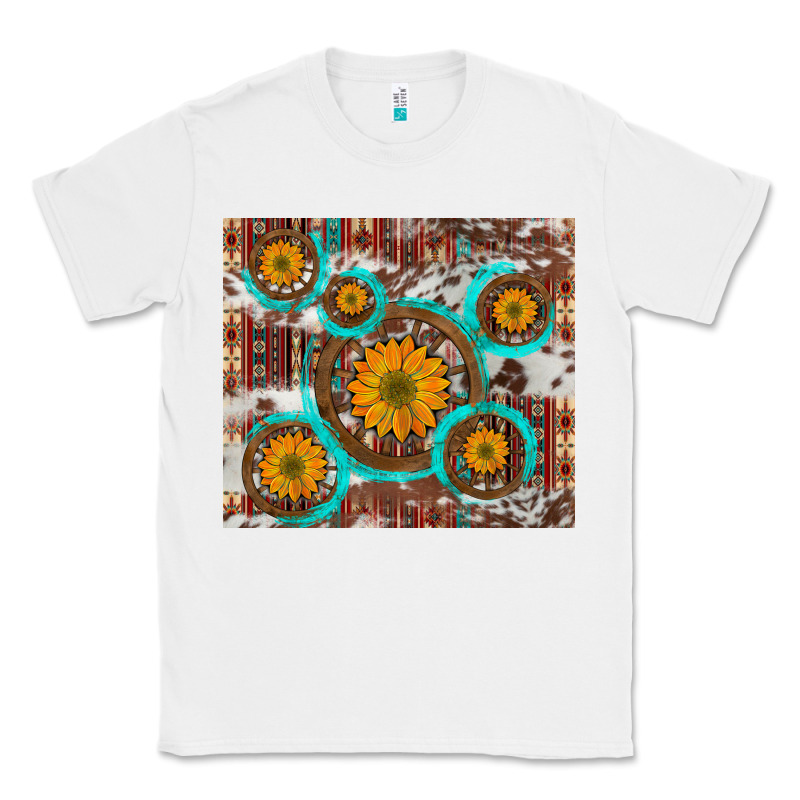 Sunflowers And Western Old Wheel Aztec Cowhide Background Classic Tee by Artiststas | Teevron