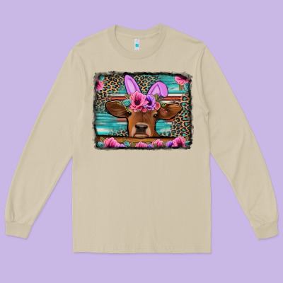 Easter Floral Leopard Cow Long Sleeve Tee Designed By Jasminsmagicworld