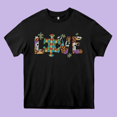 Love Autism Awareness Leopard Cowhide Heavy Core Tee Designed By Artiststas