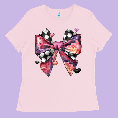 Coquette Bow Floral Checkered Pattern Ladies Tee Designed By Jahusdesignshop
