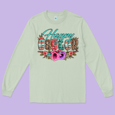 Happy Easter Western Floral Serape Leopard Long Sleeve Tee Designed By Jasminsmagicworld
