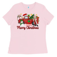 Bubblegum Pink merry christmas truck Ladies Tee - MaliasSmallBusiness