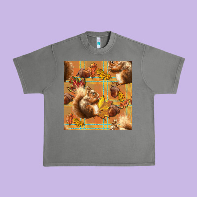 Fall Squirrel And Plaid Seamless Urban Heavy Tee Designed By Bundleandbundleshop