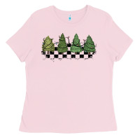 Bubblegum Pink christmas checkered trees Ladies Tee - MaliasSmallBusiness