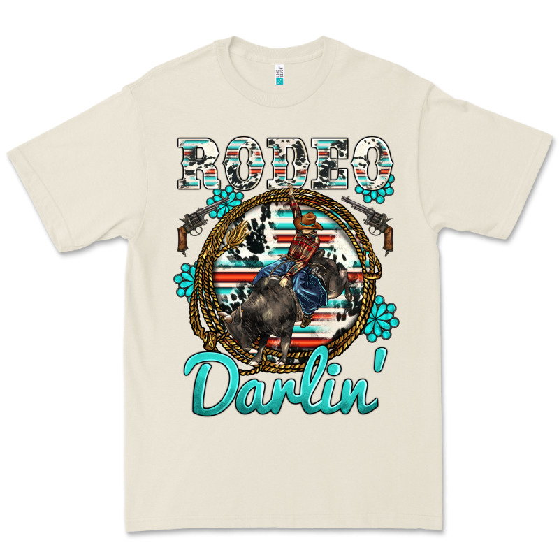 Western Rodeo Darlin' Bullfighter Serape Cowhide Turquoise Gemstones Premium Tee by BarkalooDesign | Teevron