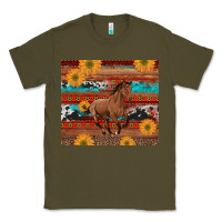 Army Green western horse and sunflowers cowhide leopard with aztec Classic Tee - Artiststas
