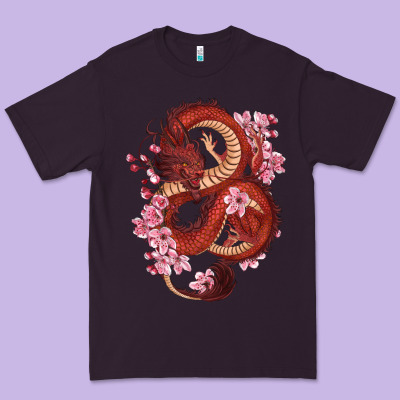 Premium Tee red dragon and sakura cherry blossoms