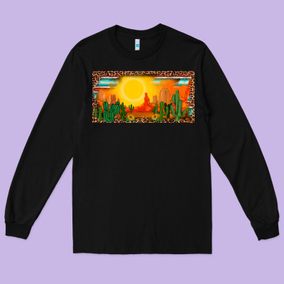 Western  Sunset Cactus Leopard Serape   License Plate Template Long Sleeve Tee Designed By Barkaloodesign