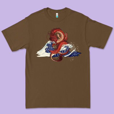 Premium Tee asian dragon and ocean waves