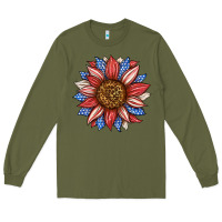 Army Green American Flag Sunflower Long Sleeve Tee - LillyAllenDesigns