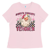 Bubblegum Pink santa's favorite teacher Ladies Tee - MaliasSmallBusiness