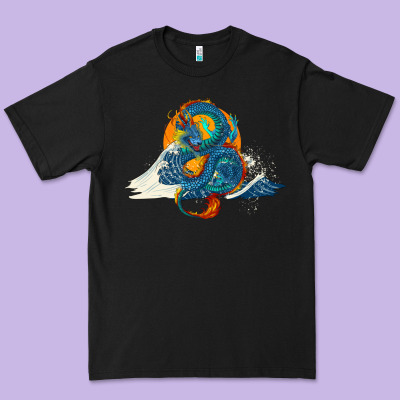 Premium Tee blue dragon ocean waves and sun