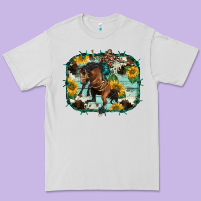 Western Rodeo Horse Cowhide Sunflowers Premium Tee Designed By Barkaloodesign