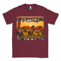 Burgundy western horses and  sunset with sunflowers Classic Tee - Artiststas