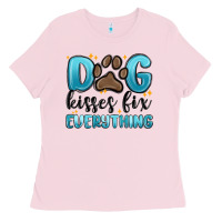 Bubblegum Pink dog kisses fix everything Ladies Tee - MaliasSmallBusiness