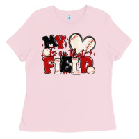Bubblegum Pink my heart is on that field baseball Ladies Tee - MaliasSmallBusiness