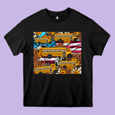 School Bus American Flag Sunflower Cowhide Leopard Heavy Core Tee Designed By Artiststas