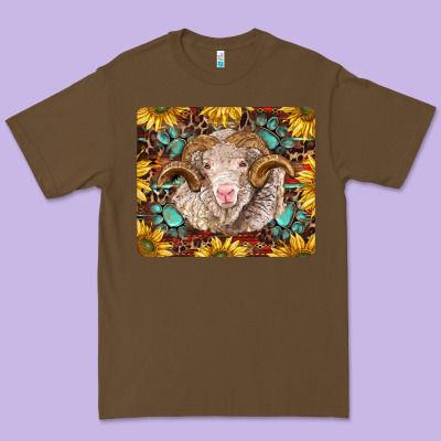 Merino Ram With Sunflowers And Gemstone Mousepad Premium Tee Designed By Barkaloodesign