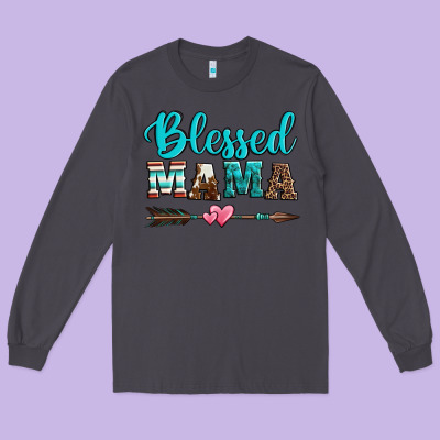 Blessed Mama Serape Cowhide Turquoise Long Sleeve Tee Designed By Jasminsmagicworld