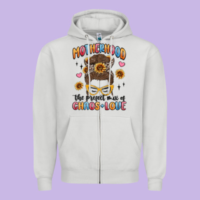 Motherhood The Perfect Mix Of Chaos And Love Zipper Hoodie Designed By Maliassmallbusiness