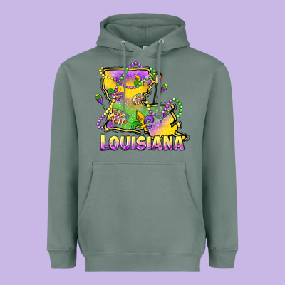 Louisiana Mardi Gras State Map Heavyweight Hoodie Designed By Lillyallendesigns