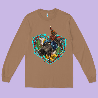 Western Heart Bullfighter  Cactus Sunflower Aztek Pattern Long Sleeve Tee Designed By Barkaloodesign