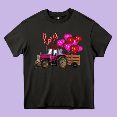 Heavy Core Tee Valentine's day pink tractor with pin heart balloons