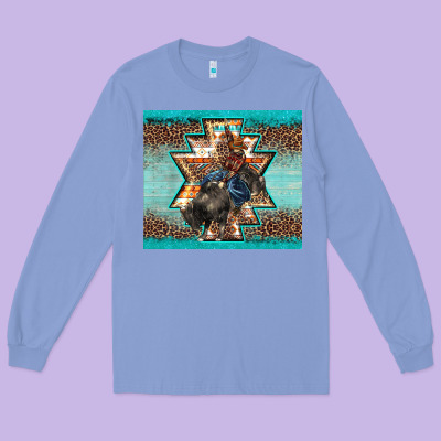 Western Rodeo Bullfighter Aztec Leopard Turquoise Long Sleeve Tee Designed By Barkaloodesign