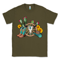 Army Green wheel bull skull western cowboy Classic Tee - AdoDesignShop