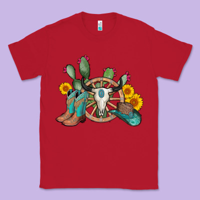 Wheel Bull Skull Western Cowboy Classic Tee Designed By Adodesignshop