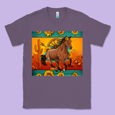 Western Sunset Galloping Horse Sunflower Classic Tee Designed By Artiststas