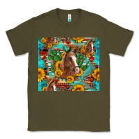 Army Green sunflowers and cactus horses turquoise aztec leopard background Classic Tee - Artiststas