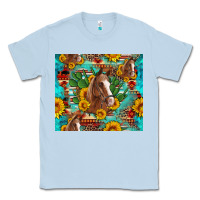 Dusty Blue sunflowers and cactus horses turquoise aztec leopard background Classic Tee - Artiststas