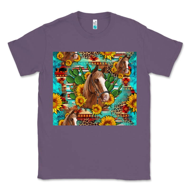 Sunflowers And Cactus Horses Turquoise Aztec Leopard Background Classic Tee by Artiststas | Teevron
