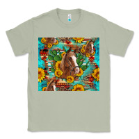 Matcha sunflowers and cactus horses turquoise aztec leopard background Classic Tee - Artiststas