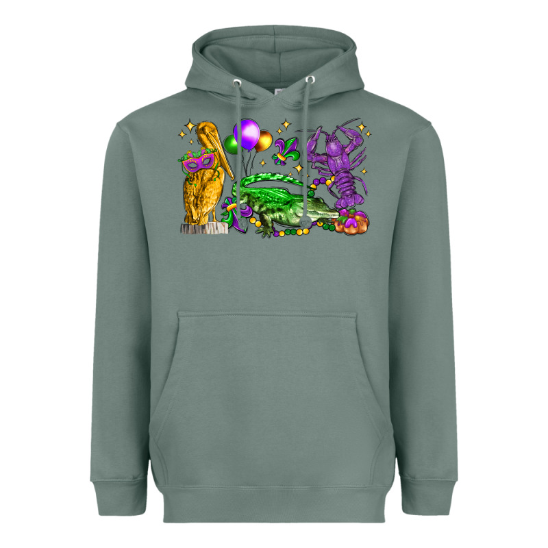 Mardi Gras Pelican Alligator And Crawfish Heavyweight Hoodie by LillyAllenDesigns | Teevron