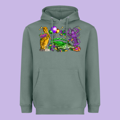 Mardi Gras Pelican Alligator And Crawfish Heavyweight Hoodie Designed By Lillyallendesigns