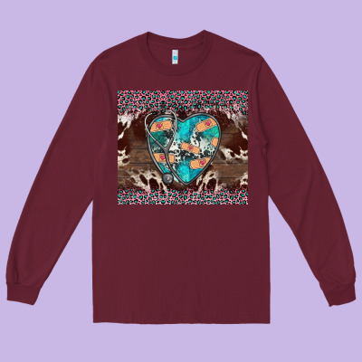 Western Nurse Stethoscope Pink Leopard Long Sleeve Tee Designed By Barkaloodesign