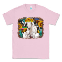 Bubblegum Pink goat family with sunflowers western serape turquoise background Classic Tee - Artiststas