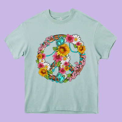 Floral Peace Sign With Gemstone Heavy Core Tee Designed By Artiststas