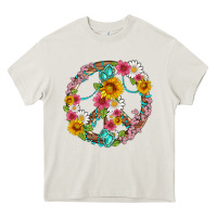 Cream floral peace sign with gemstone Heavy Core Tee - Artiststas
