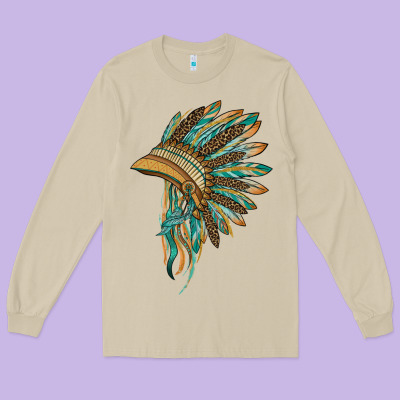 Indian Leopard Headdress Blue Long Sleeve Tee Designed By Barkaloodesign