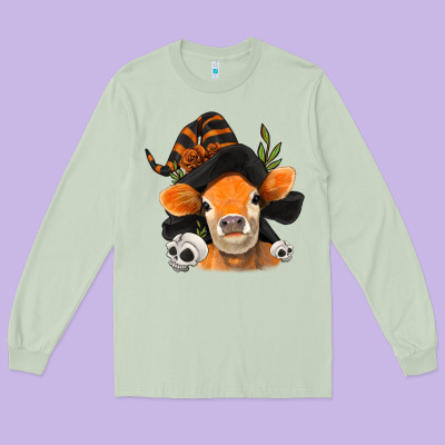 Halloween Witch Cow Long Sleeve Tee Designed By Jasminsmagicworld