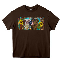 Chocolate Brown Heifers With Sunflowers And Leopard Heavy Core Tee - RanaPortraitStore