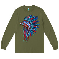 Army Green indian headdress with american flag Long Sleeve Tee - BarkalooDesign