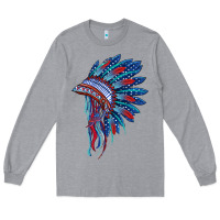 Heather Grey indian headdress with american flag Long Sleeve Tee - BarkalooDesign